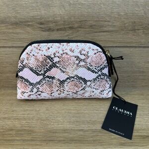 Claudia Firenze Zippered Makeup Pouch Pink White Snake Skin Italian Leather New